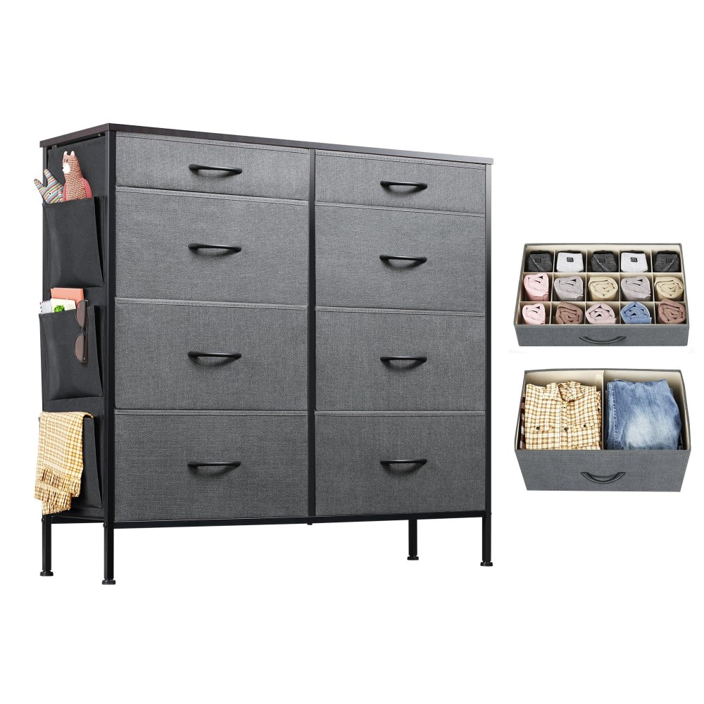 Wlive Dresser For Bedroom With 8 Drawers, Tall Storage Tower With Drawer Organizers, Side Pockets And Hooks, Fabric Dresser, Chest Of Drawers For Living Room, Closet, Hallway, Dark Grey