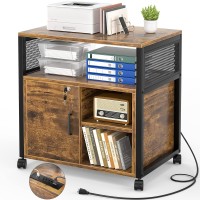 Unikito Lateral File Cabinet, Locking Office Filing Cabinets With Socket And Usb Charging Port, Modern Rolling Printer Stand With Storage For A4, Letter Size And File Folders, Rustic Brown