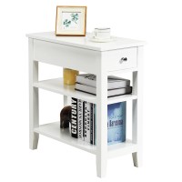 Kotek End Table With Drawer And Open Storage Shelf, Narrow Side Table, Slim Bedside Table, 3-Tier Nightstand For Living Room, Bedroom, Office (White)