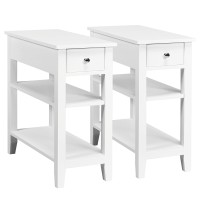 Kotek End Table Set Of 2 With Drawer And Open Storage Shelf, Narrow Side Table, Slim Bedside Table, 3-Tier Nightstand For Living Room, Bedroom, Office (White)