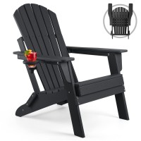 Funberry Folding Adirondack Chair, Fire Pit Chairs, Plastic Adirondack Chairs Weather Resistant With Cup Holder, Composite Adirondack Chairs, Black