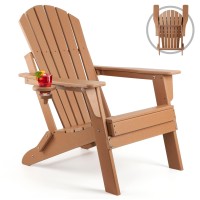 Funberry Folding Adirondack Chair, Fire Pit Chairs, Plastic Adirondack Chairs Weather Resistant With Cup Holder, Composite Adirondack Chairs, Brown