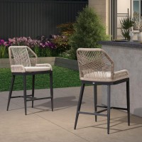 Purple Leaf Counter Height Bar Stools Set Of 2 Rattan Wicker Outdoor Metal Boho Barstools With Back And Footrest Patio Garden Balcony Pool Bar Chairs