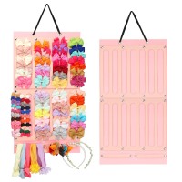 Hair Bows Holder W/ Large Capacity, Hair Clips Storage Hanger W/ 16 Ribbons, Hair Bows Organizer, Baby Hair Accessory Storage Display W/ Sturdy Rope, Wall Hanging For Girl Room, Baby Nursery Decors (Standard Size 13.7X26 Inches, Soft Pink)