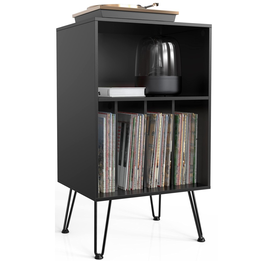 Iyrany Record Player Stand, Turntable Stand With Record Storage, Vinyl Record Storage Cabinet With Metal Legs, Record Player Table Holds Up To 150 Albums For Living Room, Bedroom, Office (Black)