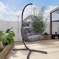 Foldable Wicker Rattan Hanging Egg Chair With Stand, Swing Chair With Cushion And Pillow, Lounging Chair For Indoor Outdoor Bedroom Patio Garden (Dark Gray With Cover&Stand)