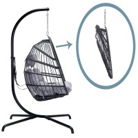 Foldable Wicker Rattan Hanging Egg Chair With Stand, Swing Chair With Cushion And Pillow, Lounging Chair For Indoor Outdoor Bedroom Patio Garden (Dark Gray With Cover&Stand)