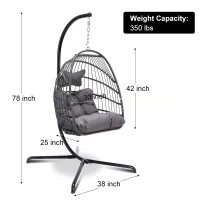 Foldable Wicker Rattan Hanging Egg Chair With Stand, Swing Chair With Cushion And Pillow, Lounging Chair For Indoor Outdoor Bedroom Patio Garden (Dark Gray With Cover&Stand)