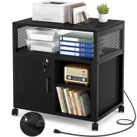 Unikito Lateral File Cabinet, Locking Office Filing Cabinets With Socket And Usb Charging Port, Modern Rolling Printer Stand With Storage For A4, Letter Size And File Folders, Black