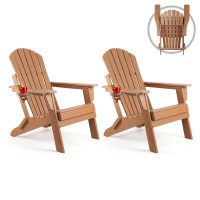 Funberry Folding Adirondack Chair Set Of 2, Fire Pit Chairs, Plastic Adirondack Chairs Weather Resistant With Cup Holder, Composite Adirondack Chairs, Brown