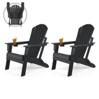 Funberry Folding Adirondack Chair Set Of 2, Fire Pit Chairs, Plastic Adirondack Chairs Weather Resistant With Cup Holder, Composite Adirondack Chairs, Black