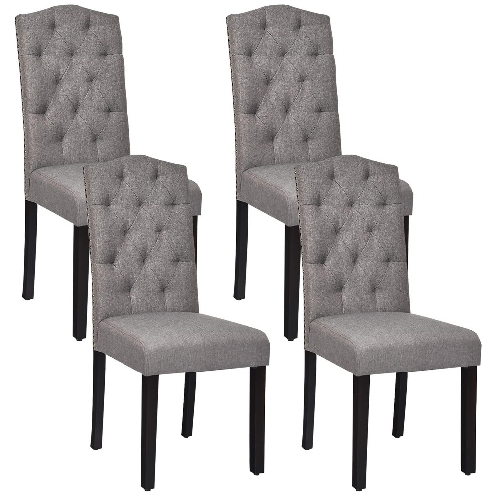 Kotek Upholstered Dining Chairs Set Of 4, Tufted Parson Chairs W/High Backrest, Solid Wood Legs, Modern Fabric Padded Side Chairs For Dining Room, Kitchen, Living Room (Grey)