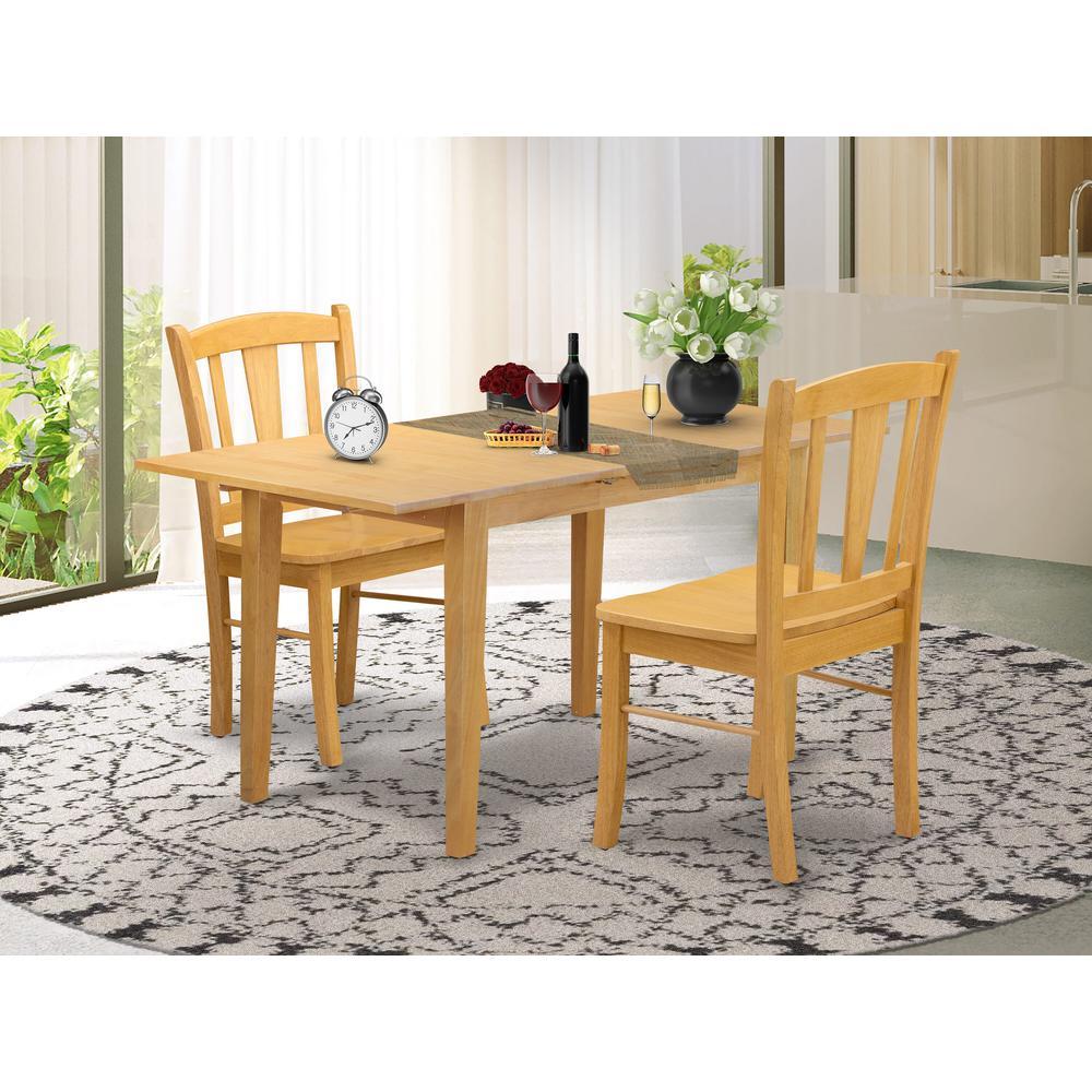 NFDL3OAKW 3Piece Dining Room Table Set 2 Wooden Chairs with Wooden Seat and Slatted Chair Back Butterfly Leaf Rectangula