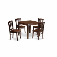 OXDL5MAHW 5Pc Dining Room Table Set 4 Dining Chair and Dining Table Wooden Seat and Slatted Chair Back Mahogany Finish