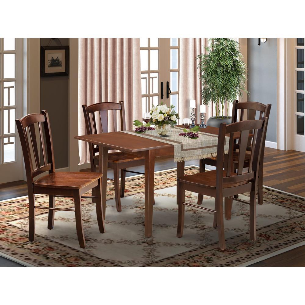 NFDL5MAHW 5Pc Dining Room Table Set 4 Kitchen Chair with Wooden Seat and Slatted Chair Back Butterfly Leaf Dining Table