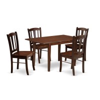 NFDL5MAHW 5Pc Dining Room Table Set 4 Kitchen Chair with Wooden Seat and Slatted Chair Back Butterfly Leaf Dining Table