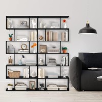 Giantex Geometric Bookcase Black, S-Shaped Wooden Bookshelf, 6-Tier Modern Freestanding Decorative Storage Display Shelves for Bedroom, Living Room