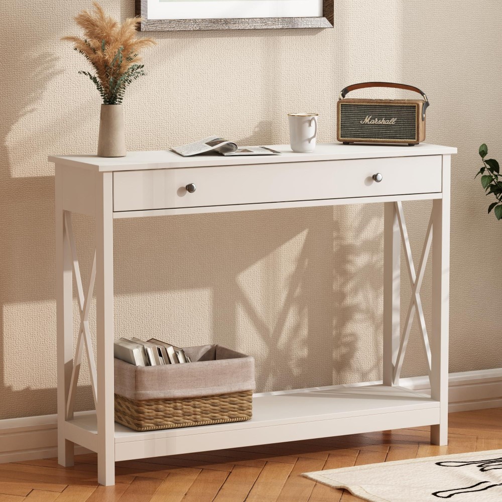 Treocho Oxford Design Console Table With Drawer And Storage Shelves, Foyer Sofa Table Narrow For Entryway, Living Room, Hallway, White