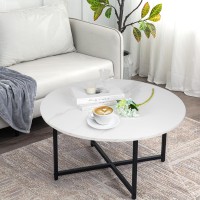 Toysinthebox Round Coffee Table Modern Coffee Table Sofa Table Tea Table For Living Room, Office Desk, Balcony, Wood Desktop And Metal Legs, 23.6Inch White Marble