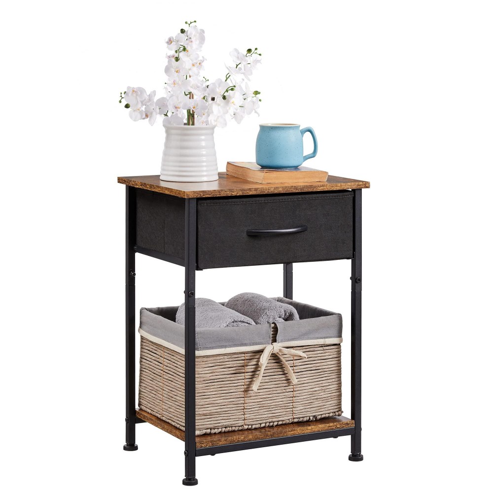 Somdot Nightstand, Bedside Table End Table For Bedroom Nursery Living Room - Removable Fabric Drawer, Open Storage Shelf, Sturdy Steel Frame, Durable Wood Top - Black/Rustic Brown