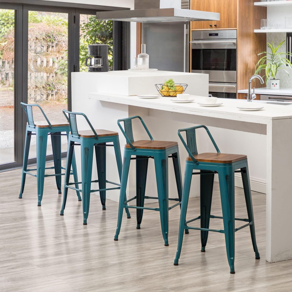 Andeworld Bar Stools Set Of 4 Counter Height Stools Industrial Metal Barstools With Wooden Seats(24 Inch, Distressed Teal)