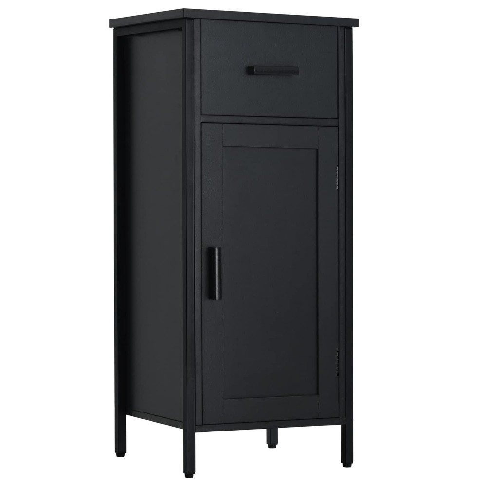 Usikey Storage Cabinet, Narrow Storage Cabinet With 1 Door And 1 Drawer, Industrial Side Cabinet With 2 Shelves, Nightstand, Small Cabinet, For Living Room, Office, Black