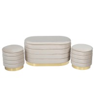 Beige Velvet Oval and Round Storage Ottomans Set of 3