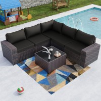 Kullavik Outdoor Patio Furniture Set 6 Pieces Sectional Rattan Sofa Set Brown Pe Rattan Wicker Patio Conversation Set With 5 Seat Cushions And 1 Tempered Glass Table