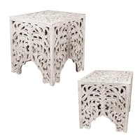 The Urban Port Wooden End Table With Floral Cut Out Design, Set Of 2