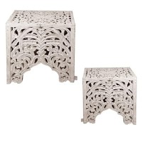 The Urban Port Wooden End Table With Floral Cut Out Design, Set Of 2