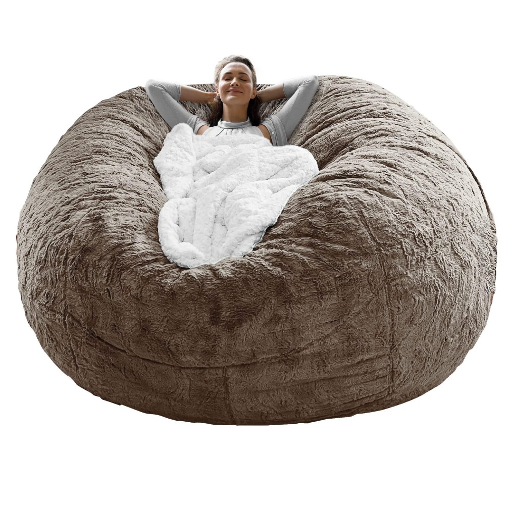 Rainbean Bean Bag Chair Cover(It Was Only A Cover, Not A Full Bean Bag) Chair Cushion, Big Round Soft Fluffy Pv Velvet Sofa Bed Cover, Living Room Furniture, Lazy Sofa Bed Cover,6Ft Brown