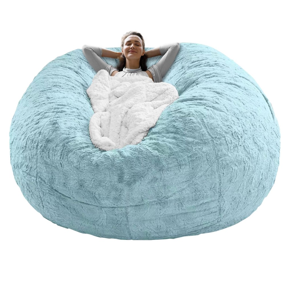 Rainbean Bean Bag Chair Cover(It Was Only A Cover, Not A Full Bean Bag) Chair Cushion, Big Round Soft Fluffy Pv Velvet Sofa Bed Cover, Living Room Furniture, Lazy Sofa Bed Cover,5Ft Light Blue