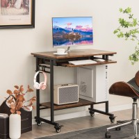 Tangkula Rolling Computer Desk Cart With Keyboard Tray, Mobile Portable Laptop Pc Desk With Cpu Stand & 3 Hooks For Sofa & Bed, Industrial Small Desk On Wheels For Small Spaces, Home Office Desk