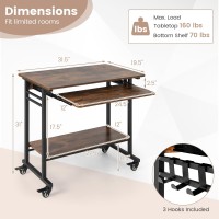 Tangkula Rolling Computer Desk Cart With Keyboard Tray, Mobile Portable Laptop Pc Desk With Cpu Stand & 3 Hooks For Sofa & Bed, Industrial Small Desk On Wheels For Small Spaces, Home Office Desk