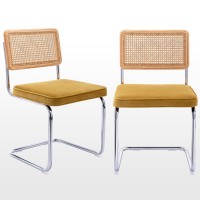 Zesthouse Mid Century Modern Dining Chairs Set Of 2, Velvet Accent Chairs With Natural Cane Back & Stainless Chrome Base, Famous Breuer Designed Chairs, Upholstered Rattan Kitchen Chairs