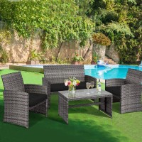 Tangkula 4 Pcs Wicker Patio Conversation Set, Outdoor Rattan Sofas With Table Set, Patio Furniture Set With Soft Cushions & Tempered Glass Coffee Table For Poolside Courtyard Balcony