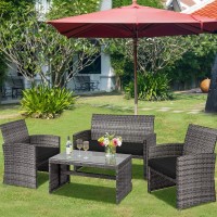 Tangkula 4 Pcs Wicker Patio Conversation Set, Outdoor Rattan Sofas With Table Set, Patio Furniture Set With Soft Cushions & Tempered Glass Coffee Table For Poolside Courtyard Balcony