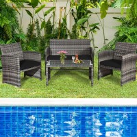 Tangkula 4 Pcs Wicker Patio Conversation Set, Outdoor Rattan Sofas With Table Set, Patio Furniture Set With Soft Cushions & Tempered Glass Coffee Table For Poolside Courtyard Balcony