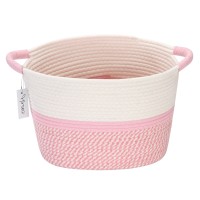Hinwo Oval Cotton Rope Storage Basket Collapsible Nursery Storage Box Container Organizer With Handles, 13 X 10 Inches, Off White And Pink