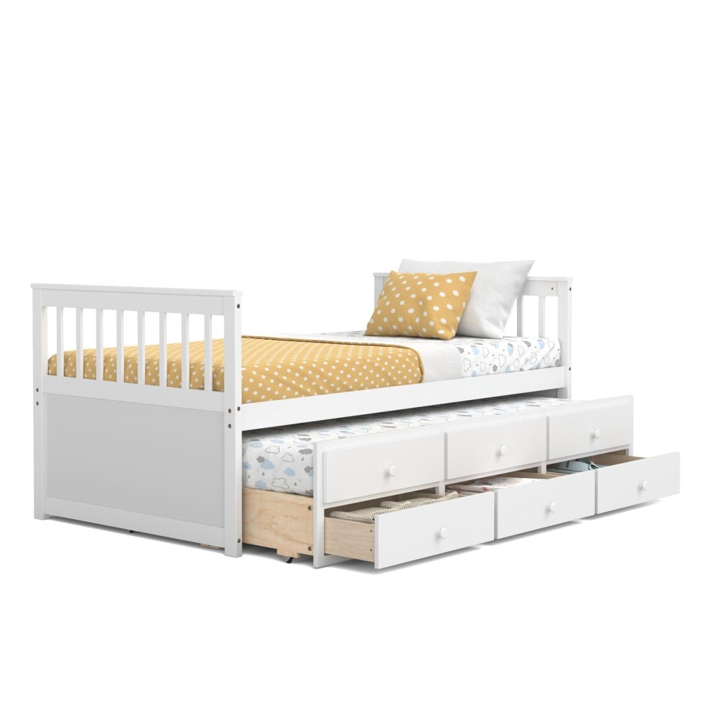 Komfott Wood Twin Trundle Bed With Storage Drawers, Daybed With Trundle, No Box Spring Needed Daybed Frame, Twin Size Captains Bed