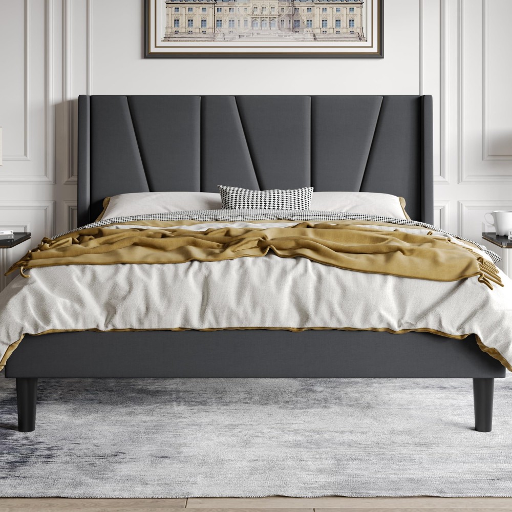 Hoomic Queen Size Platform Bed Frame With Geometric Wingback Headboard, Wooden Slats Support, No Box Spring Needed, Modern Style In Dark Grey