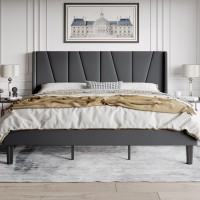 Hoomic King Size Platform Bed Frame With Geometric Wingback Headboard, Wooden Slats Support, No Box Spring Needed, Modern Style In Dark Grey