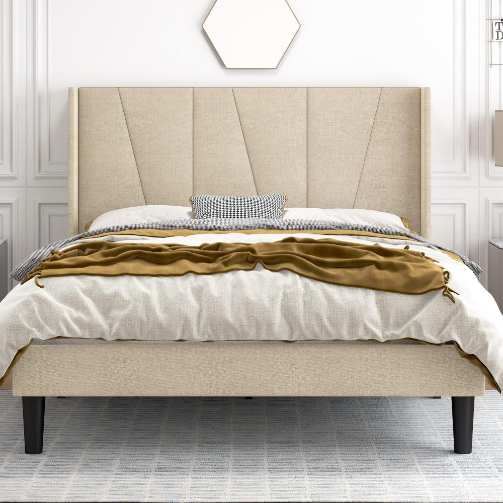 Hoomic Full Size Upholstered Platform Bed Frame With Modern Geometric Wingback Headboard, Wooden Slats, No Box Spring Needed, Mattress Foundation, Light Beige