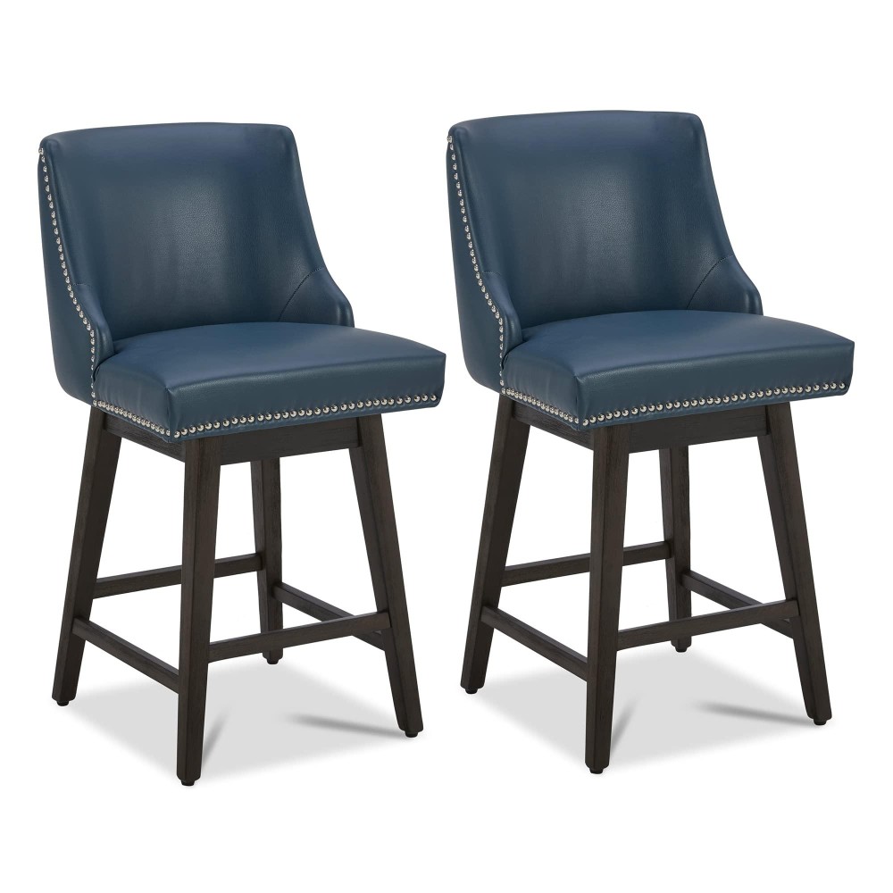 Chita Counter Height Swivel Barstools Fsc Certified 26 H Seat Height Upholstered Bar Stools Set Of 2 Faux Leather In Blue