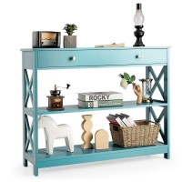 Giantex Console Table 3-Tier W/Drawer And Storage Shelves, X-Design Entryway Table For Hallway, Living Room And Bedroom Sofa Side Table (Blue)