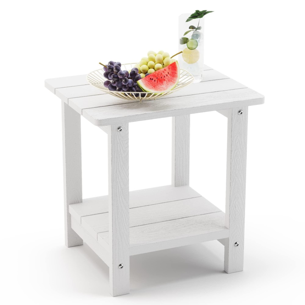 Lue Bona Adirondack Outdoor Side Table, 2-Tier White Hdps Patio End Table Weather Resistant, Morden Side Table For Patio, Pool, Porch