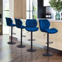 TUKAILAi Velvet Bar Stools Set of 4 Height Adjustable Swivel Stools for Breakfast Upholstered Salon Island Counter Chairs High Dining Stools with Footrest, Metal Matt Base, Gas Lift (Blue)