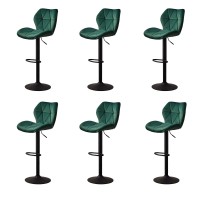 TUKAILAi Velvet Bar Stools Set of 6 Height Adjustable Swivel Stools for Breakfast Upholstered Salon Island Counter Chairs High Dining Stools with Footrest, Metal Matt Base, Gas Lift (Green)