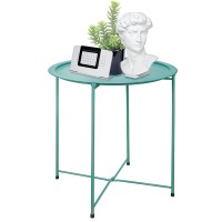 Folding Tray Metal Side Table Green Round End Table Cyan Sofa Small Accent Fold-Able Table, Round End Table Tray, Next To Sofa Table, Snack Table For Living Room And Bed Room