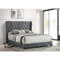 Dark Grey Velvet Uph Panel Bed Tufted Buttons Side Studs Full